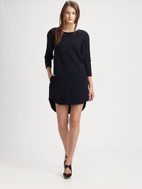 An on-trend hi-lo hem and silk accent trim give this shift dress an updated chic style. Round necklineThree-quarter length sleeves with silk trimSide seam pocketsFront vented hemHi-lo hemAbout 18 from shoulder to hem80% virgin wool/20% polyamideTrim: silkDry cleanImportedTrim: imported of Italian fabricModel shown is 5'10 (177cm) wearing US size 4.OUR FIT MODEL RECOMMENDS ordering one size down as this style runs large. An on-trend hi-lo hem and silk accent trim give this shift dress an updated chic style. Round necklineThree-quarter length sleeves with silk trimSide seam pocketsFront vented hemHi-lo hemAbout 18 from shoulder to hem80% virgin wool/20% polyamideTrim: silkDry cleanImportedTrim: imported of Italian fabricModel shown is 5'10 (177cm) wearing US size 4.OUR FIT MODEL RECOMMENDS ordering one size down as this style runs large.