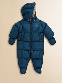 Keep baby snug in this puffy, zip-front, check-lined snowsuit with attached hood, slash pockets, detachable mittens and footies.Attached hoodLong sleeves with detachable mittensZip front and seatElastic cuffs and hemFront slash pockets with snap closureGathered elasticized backDetachable footiesPolyesterMachine washImported Keep baby snug in this puffy, zip-front, check-lined snowsuit with attached hood, slash pockets, detachable mittens and footies.Attached hoodLong sleeves with detachable mittensZip front and seatElastic cuffs and hemFront slash pockets with snap closureGathered elasticized backDetachable footiesPolyesterMachine washImported