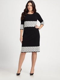 More than just an LBD, this phenomenal sheath features lovely neck embellishment and contrast embroidery. Its sleek silhouette will flawlessly complement your curves as its chic sleeves provide arm coverage.Embellished necklineElbow-length sleevesBack zipperAbout 25 from natural waistViscose/wool/polyesterDry cleanMade in Italy