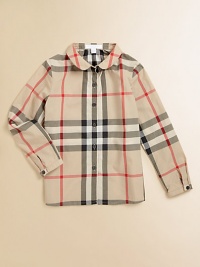 Timeless Peter Pan collar and classic check pattern on a plush cotton button-down design.Peter Pan collarLong sleeves with button tab cuffsButton-frontCottonMachine washImported Timeless Peter Pan collar and classic check pattern on a plush cotton button-down design.Peter Pan collarLong sleeves with button tab cuffsButton-frontCottonMachine washImported