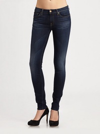 Crafted with the original skinny fit and aged hardware, this dark-wash favorite has contrast stitching, slight fading and a dose of stretch. THE FITSkinny fitRise, about 7Inseam, about 30THE DETAILSZip flyFive-pocket styleBack patch pockets43% cotton/28% lyocell/27% rayon/ 2% spandexMachine washMade in USA of imported fabricModel shown is 5'9 (175cm) wearing US size 26. Crafted with the original skinny fit and aged hardware, this dark-wash favorite has contrast stitching, slight fading and a dose of stretch. THE FITSkinny fitRise, about 7Inseam, about 30THE DETAILSZip flyFive-pocket styleBack patch pockets43% cotton/28% lyocell/27% rayon/ 2% spandexMachine washMade in USA of imported fabricModel shown is 5'9 (175cm) wearing US size 26.
