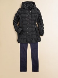 Chic quilted diamond detailing and double snap placket update this tightly ruched puffer style.Removable hoodStand collarConcealed front zip with double snap placketDual zip pocketsBody: polyesterFill: down/waterfowl feathersFully linedMachine washImported Chic quilted diamond detailing and double snap placket update this tightly ruched puffer style.Removable hoodStand collarConcealed front zip with double snap placketDual zip pocketsBody: polyesterFill: down/waterfowl feathersFully linedMachine washImported