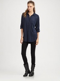 Velvety, suede-like finish adds a touch of texture to this majorly chic boyfriend shirt. Point collarButton frontSingle front patch pocketLong roll-tab sleevesLonger length hits below the hipsPolyesterHand washImportedModel shown is 5'9 (176cm) wearing US size Small. Velvety, suede-like finish adds a touch of texture to this majorly chic boyfriend shirt. Point collarButton frontSingle front patch pocketLong roll-tab sleevesLonger length hits below the hipsPolyesterHand washImportedModel shown is 5'9 (176cm) wearing US size Small.