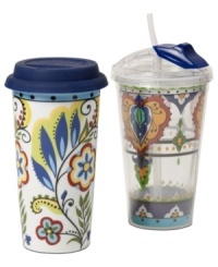 Fun and functional, Tabletops Unlimited travel mugs combine the bold patterns and colors of Bocca dinnerware with smart on-the-go features for hot and cold drinks. A silicone lid and pop-up straw keep spills to a minimum. Fun and functional, Tabletops Unlimited travel mugs combine the bold patterns and colors of Bocca dinnerware with smart on-the-go features for hot and cold drinks. A silicone lid and pop-up straw keep spills to a minimum.