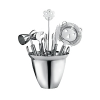 Faces 8-piece bar set is crafted of 18/10 stainless steel and makes a clever conversation piece. The set includes: jigger, bottle opener, ice tongs, cocktail mixer, cocktail strainer, bar knife, utensil rack and ice bucket. Faces 8-piece bar set is crafted of 18/10 stainless steel and makes a clever conversation piece. The set includes: jigger, bottle opener, ice tongs, cocktail mixer, cocktail strainer, bar knife, utensil rack and ice bucket.