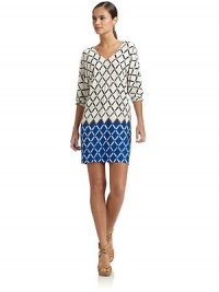 THE LOOKAllover nautical-inspired geometric printV-neckThree-quarter length sleeves with elastic cuffsPullover styleTHE FITAbout 35 from shoulder to hemTHE MATERIALViscose/spandexCARE & ORIGINHand washImportedModel shown is 5'9 (175cm) wearing US size Small. THE LOOKAllover nautical-inspired geometric printV-neckThree-quarter length sleeves with elastic cuffsPullover styleTHE FITAbout 35 from shoulder to hemTHE MATERIALViscose/spandexCARE & ORIGINHand washImportedModel shown is 5'9 (175cm) wearing US size Small.