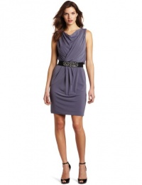 Suzi Chin Women's Sleeveless Draped Beaded Belt Dress Suzi Chin Women's Sleeveless Draped Beaded Belt Dress