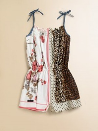 Bold leopard spots, pretty polka dots, feminine roses and durable denim all come together in a charming woven romper of cool cotton.Denim tie shoulder strapsSmocked ruffled necklineSleevelessElasticized pull-on waistDenim back patch pocketsCotton liningCottonMachine washImported Bold leopard spots, pretty polka dots, feminine roses and durable denim all come together in a charming woven romper of cool cotton.Denim tie shoulder strapsSmocked ruffled necklineSleevelessElasticized pull-on waistDenim back patch pocketsCotton liningCottonMachine washImported
