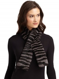 THE LOOKPlush rabbit fur construction with allover tonal zebra printPull-through closureRibbed knit liningTHE FITAbout 15THE MATERIALRabbit furWool liningCARE & ORIGINDry cleanImportedFur: China THE LOOKPlush rabbit fur construction with allover tonal zebra printPull-through closureRibbed knit liningTHE FITAbout 15THE MATERIALRabbit furWool liningCARE & ORIGINDry cleanImportedFur: China