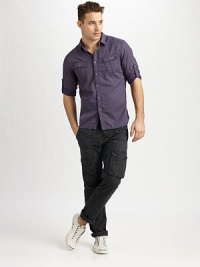 The perfect go-to item designed for the ultimate comfortable fit. Narrow waist with belt loopsZip fly with button closureFront slash pockets and cargo pocketsBack flap pocketsInseam, about 33Rise, about 10¼70% cotton/30% nylonMachine washImported The perfect go-to item designed for the ultimate comfortable fit. Narrow waist with belt loopsZip fly with button closureFront slash pockets and cargo pocketsBack flap pocketsInseam, about 33Rise, about 10¼70% cotton/30% nylonMachine washImported