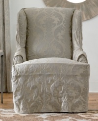 Ripe and ready for spring, the Matelasse Damask wing chair slipcover presents a fresh damask design for your furniture. Rounded arms with extra-thick cording and a straight skirt make this slipcover compatible with any style furniture, from slim-lined to camel back. Ripe and ready for spring, the Matelasse Damask wing chair slipcover presents a fresh damask design for your furniture. Rounded arms with extra-thick cording and a straight skirt make this slipcover compatible with any style furniture, from slim-lined to camel back.