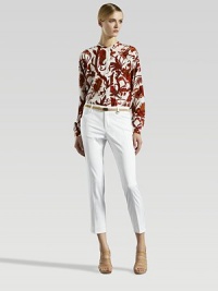Optical white cotton drill cropped pant.Belt loopsZip flyInsert pocket detailBack welt pockets97% cotton/3% elastaneDry cleanMade in Italy of imported fabricPlease note: Belt not included. Optical white cotton drill cropped pant.Belt loopsZip flyInsert pocket detailBack welt pockets97% cotton/3% elastaneDry cleanMade in Italy of imported fabricPlease note: Belt not included.