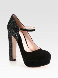 Suede Mary Jane design finished with a glittered heel and platform. Glitter heel, 5¼ (130mm)Covered platform, 1 (25mm)Compares to a 4¼ heel (110mm)Suede and glitter upperLeather lining and solePadded insoleMade in ItalyOUR FIT MODEL RECOMMENDS ordering one half size up as this style runs small. Suede Mary Jane design finished with a glittered heel and platform. Glitter heel, 5¼ (130mm)Covered platform, 1 (25mm)Compares to a 4¼ heel (110mm)Suede and glitter upperLeather lining and solePadded insoleMade in ItalyOUR FIT MODEL RECOMMENDS ordering one half size up as this style runs small.