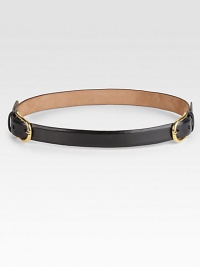 Supple glazed nubuck leather accents the waist with two shiny goldtone brass buckles.Width, about 1Made in the USAOUR FIT MODEL RECOMMENDS ordering one size up as this style runs small. Supple glazed nubuck leather accents the waist with two shiny goldtone brass buckles.Width, about 1Made in the USAOUR FIT MODEL RECOMMENDS ordering one size up as this style runs small.