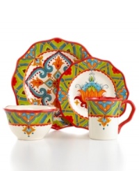 The big bold florals and exuberant hues of the Pasha place settings by Tabletops Unlimited get everyone excited about eating in. Scalloped edges add stylish flair. The big bold florals and exuberant hues of the Pasha place settings by Tabletops Unlimited get everyone excited about eating in. Scalloped edges add stylish flair.