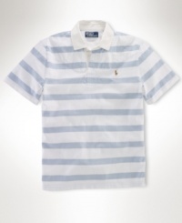 A short-sleeved rugby shirt is cut for a comfortable, classic fit from rustic utility cotton jersey with bold stripes for masculine polish. A short-sleeved rugby shirt is cut for a comfortable, classic fit from rustic utility cotton jersey with bold stripes for masculine polish.