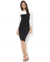 Bold color-blocking lends a modern edge to Lauren Ralph Lauren's sleek dress crafted in matte jersey for easy elegance. Bold color-blocking lends a modern edge to Lauren Ralph Lauren's sleek dress crafted in matte jersey for easy elegance.