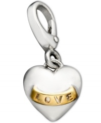 Add a little love to your look with this cute heart charm. Crafted in sterling silver, heart features a 14k gold banner with the word love engraved on it. Lobster claw clasp. Approximate drop: 1 inch. Add a little love to your look with this cute heart charm. Crafted in sterling silver, heart features a 14k gold banner with the word love engraved on it. Lobster claw clasp. Approximate drop: 1 inch.