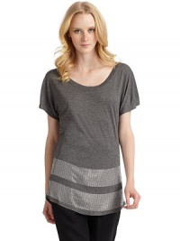 THE LOOKShort sleevesRhinestone detail at hemScoop backTHE FITAbout 29 from shoulder to hemTHE MATERIALRayonCARE & ORIGINDry cleanImportedModel shown is 5'10½ (179cm) wearing US size Small. THE LOOKShort sleevesRhinestone detail at hemScoop backTHE FITAbout 29 from shoulder to hemTHE MATERIALRayonCARE & ORIGINDry cleanImportedModel shown is 5'10½ (179cm) wearing US size Small.