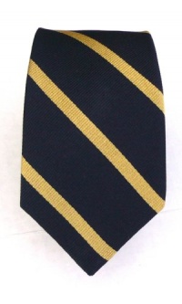 100% Silk Woven Midnight Navy and Gold Striped Skinny Tie 100% Silk Woven Midnight Navy and Gold Striped Skinny Tie