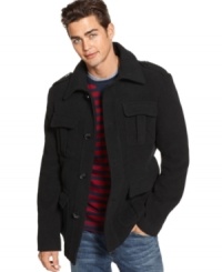 Drum up cold-weather comfort and spot-on style with this wool-blend military-style coat from Kenneth Cole. Drum up cold-weather comfort and spot-on style with this wool-blend military-style coat from Kenneth Cole.