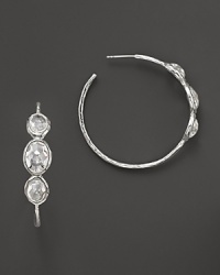 From the Silver collection, three-clear quartz cameo stones on sterling silver hoops. Designed by Ippolita. From the Silver collection, three-clear quartz cameo stones on sterling silver hoops. Designed by Ippolita.