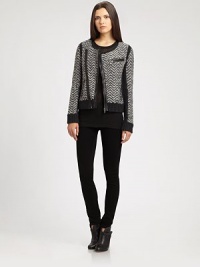 A pared down take on the biker trend, this urban-cool design has a wool-rich silhouette, chevron pattern and contrasting leather trim. RoundneckLong sleeves with ribbed cuffsAsymmetrical front zipperZippered slash pocketRibbed hemCotton liningAbout 22 from shoulder to hemBody: 84% wool/16% nylonTrim: LeatherDry cleanImported of Italian fabricModel shown is 5'9½ (176cm) wearing US size Small. A pared down take on the biker trend, this urban-cool design has a wool-rich silhouette, chevron pattern and contrasting leather trim. RoundneckLong sleeves with ribbed cuffsAsymmetrical front zipperZippered slash pocketRibbed hemCotton liningAbout 22 from shoulder to hemBody: 84% wool/16% nylonTrim: LeatherDry cleanImported of Italian fabricModel shown is 5'9½ (176cm) wearing US size Small.