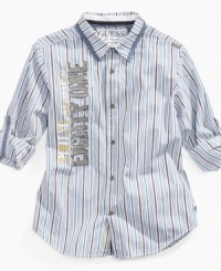 Put it all out there. Let everyone know he's got out-of-the-box style with this striped shirt from Guess. Put it all out there. Let everyone know he's got out-of-the-box style with this striped shirt from Guess.