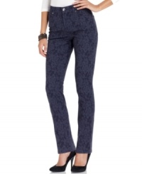 These eye-catching petite jeans from Charter Club feature a charming lace floral print and flattering straight leg!