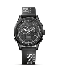 A genuine Regatta chronograph, this HUGO BOSS watch features a high-end dial with a modern, squared texture. A black IP case, black dial and logo-detailed silicone strap complete the look. A genuine Regatta chronograph, this HUGO BOSS watch features a high-end dial with a modern, squared texture. A black IP case, black dial and logo-detailed silicone strap complete the look.