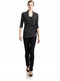 THE LOOKSequin embellishment at shouldersChiffon trim along the V necklineWrap front with side tieThree-quarter length sleevesSide metal logo detailTHE FITAbout 28 from shoulder to hemTHE MATERIALWoolCARE & ORIGINDry cleanMade in ItalyModel shown is 5'10 (177cm) wearing US size 4. THE LOOKSequin embellishment at shouldersChiffon trim along the V necklineWrap front with side tieThree-quarter length sleevesSide metal logo detailTHE FITAbout 28 from shoulder to hemTHE MATERIALWoolCARE & ORIGINDry cleanMade in ItalyModel shown is 5'10 (177cm) wearing US size 4.