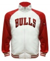 The Most Valuable Fan wears this baseball style running jacket featuring the Chicago Bulls by Majestic.