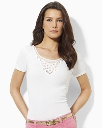 Delicate Battenburg lace gracefully accents a soft cotton tee for modern, feminine appeal. Delicate Battenburg lace gracefully accents a soft cotton tee for modern, feminine appeal.