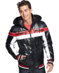 Take the cold weather by storm in a color-blocked puffer from X-Ray that's styled like a competition ski jacket-right down to racing stripes on the sleeves and color-coordinated ribbing at the cuffs and waist. Take the cold weather by storm in a color-blocked puffer from X-Ray that's styled like a competition ski jacket-right down to racing stripes on the sleeves and color-coordinated ribbing at the cuffs and waist.