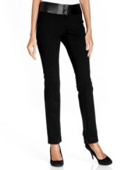 Alfani's pants go modern with a faux-leather trimmed waistband and sleek skinny fit. Alfani's pants go modern with a faux-leather trimmed waistband and sleek skinny fit.
