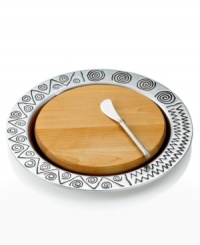 With a pattern inspired by the popular music of Jamaica, the Reggae cheese cutting board from Wilton Armetale serveware combines sleek metal with fun, festive design in a serving piece that is formal enough for dinner parties but casual and durable enough for daily use. This collection of cheese boards must be hand washed. With a pattern inspired by the popular music of Jamaica, the Reggae cheese cutting board from Wilton Armetale serveware combines sleek metal with fun, festive design in a serving piece that is formal enough for dinner parties but casual and durable enough for daily use. This collection of cheese boards must be hand washed.