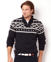 With an attracive fairisle band is this handsome and sophisticated quarter zip sweater by Nautica. With an attracive fairisle band is this handsome and sophisticated quarter zip sweater by Nautica.