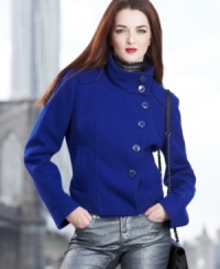 Vintage inspiration meets contemporary flair: Kenneth Cole Reaction's wool-blend cropped jacket comes in basic black and two bold colors for a truly fashion-forward look. Vintage inspiration meets contemporary flair: Kenneth Cole Reaction's wool-blend cropped jacket comes in basic black and two bold colors for a truly fashion-forward look.