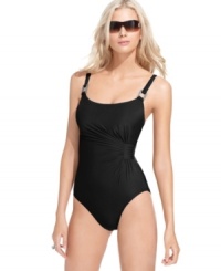 Sparkle under the sun with this Miraclesuit Lisa Jane one piece featuring eye-catching sequined hardware & ruched gather detail! Allover body control creates a sleek silhouette! Sparkle under the sun with this Miraclesuit Lisa Jane one piece featuring eye-catching sequined hardware & ruched gather detail! Allover body control creates a sleek silhouette!
