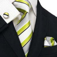 Landisun 305 Light Green White Stripes Mens Silk Tie Set: Tie+Hanky+Cufflinks Landisun 305 Light Green White Stripes Mens Silk Tie Set: Tie+Hanky+Cufflinks