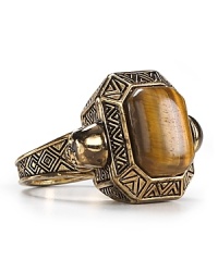 If goddess glamor got a modern update, the result would look a lot like this. This House of Harlow 1960 cocktail ring, works a vintage inspired vibe with engraved plated metal and a bold Tiger's Eye stone. If goddess glamor got a modern update, the result would look a lot like this. This House of Harlow 1960 cocktail ring, works a vintage inspired vibe with engraved plated metal and a bold Tiger's Eye stone.