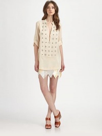 Gauzy cotton crepe in an elongated tunic embellished with beads and sequins all down the front.Band collarDeep V neckline with hook-and-eye closureThree-quarter roll-tab sleevesStraight hemlineAbout 28 from shoulder to hemCottonHand washImportedModel shown is 5'10 (177cm) wearing US size Small. Gauzy cotton crepe in an elongated tunic embellished with beads and sequins all down the front.Band collarDeep V neckline with hook-and-eye closureThree-quarter roll-tab sleevesStraight hemlineAbout 28 from shoulder to hemCottonHand washImportedModel shown is 5'10 (177cm) wearing US size Small.