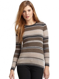 THE LOOKLuxe 2-ply cashmere from expertly maintained inner Mongolian cashmere goatsFeatures long, fine, smooth fibers top-dyed for maximum color saturationStriped designOpen weave metallic accentsRibbed roundneckLong ribbed cuff sleevesRibbed hemTHE FITAbout 24 from shoulder to hemTHE MATERIALCashmereCARE & ORIGINDry cleanImportedModel shown is 5'10 (177cm) wearing US size Small. THE LOOKLuxe 2-ply cashmere from expertly maintained inner Mongolian cashmere goatsFeatures long, fine, smooth fibers top-dyed for maximum color saturationStriped designOpen weave metallic accentsRibbed roundneckLong ribbed cuff sleevesRibbed hemTHE FITAbout 24 from shoulder to hemTHE MATERIALCashmereCARE & ORIGINDry cleanImportedModel shown is 5'10 (177cm) wearing US size Small.