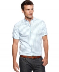 Check mate! You'll pull off a winning style with this grid-patterned shirt from Club Room. Check mate! You'll pull off a winning style with this grid-patterned shirt from Club Room.
