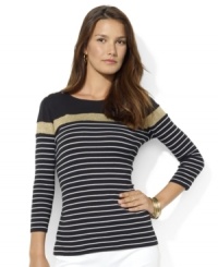 Elegant Lauren-embossed buttons adorn the shoulders of Lauren Ralph Lauren's lightweight cotton tee accented with eyecatching stripes and metallic sheen. Elegant Lauren-embossed buttons adorn the shoulders of Lauren Ralph Lauren's lightweight cotton tee accented with eyecatching stripes and metallic sheen.