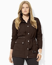 Cut for a classic fit from diamond-quilted microfiber, a Lauren Ralph Lauren belted jacket is the ultimate in cool-weather style. Cut for a classic fit from diamond-quilted microfiber, a Lauren Ralph Lauren belted jacket is the ultimate in cool-weather style.