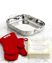 Everything you need to shower your kitchen and home in the flavors of authentic Italian cuisine. Get a classic recipe for the family favorite from Essentials of Classic Italian Cooking by Marcella Hazan, prepare the dish in the professional stainless steel pan and handle with style and ease in bold red oven mitts. Everything you need to shower your kitchen and home in the flavors of authentic Italian cuisine. Get a classic recipe for the family favorite from Essentials of Classic Italian Cooking by Marcella Hazan, prepare the dish in the professional stainless steel pan and handle with style and ease in bold red oven mitts.