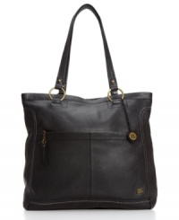 A square silhouette and antiqued brasstone hardware lend the Iris tote a classic refinement. A square silhouette and antiqued brasstone hardware lend the Iris tote a classic refinement.