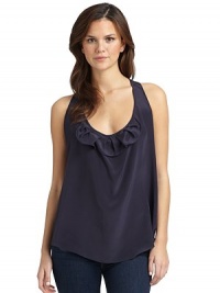THE LOOKScoopneckRuffle detailSleevelessRacerbackTHE FITAbout 26 from shoulder to hemTHE MATERIALSilkCARE & ORIGINDry cleanMade in USAModel shown is 5'10 (177cm) wearing US size 4. THE LOOKScoopneckRuffle detailSleevelessRacerbackTHE FITAbout 26 from shoulder to hemTHE MATERIALSilkCARE & ORIGINDry cleanMade in USAModel shown is 5'10 (177cm) wearing US size 4.