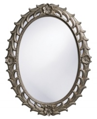 Pewter flowers form an elegant wreath around the Eileen oval mirror. Elaborate textural details and an intricate pattern on the inner rim add notes of refinement and classic appeal. Pewter flowers form an elegant wreath around the Eileen oval mirror. Elaborate textural details and an intricate pattern on the inner rim add notes of refinement and classic appeal.